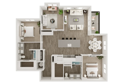 A 3D floor plan of a house with a kitchen, living room, and bathroom.